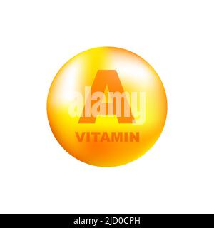 Vitamin A mit realistischem Tropfen auf grauem Hintergrund. Partikel von Vitaminen in der Mitte. Vektorgrafik. Stock Vektor