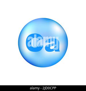 Vitamin Ca mit realistischem Tropfen auf grauem Hintergrund. Partikel von Vitaminen in der Mitte. Vektorgrafik. Stock Vektor