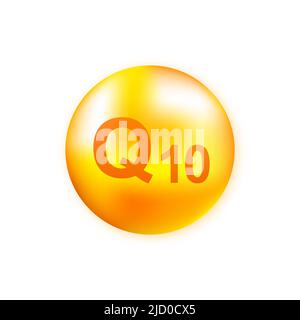 Vitaminkomplex Q10 mit realistischem Tropfen auf grauem Hintergrund. Partikel von Vitaminen in der Mitte. Vektorgrafik. Stock Vektor