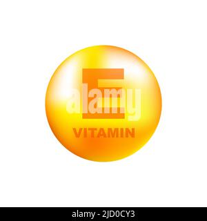 Vitamin E mit realistischem Tropfen auf grauem Hintergrund. Partikel von Vitaminen in der Mitte. Vektorgrafik. Stock Vektor