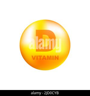 Vitamin D mit realistischem Tropfen auf grauem Hintergrund. Partikel von Vitaminen in der Mitte. Vektorgrafik. Stock Vektor