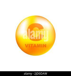 Vitamin C mit realistischem Tropfen auf grauem Hintergrund. Partikel von Vitaminen in der Mitte. Vektorgrafik. Stock Vektor