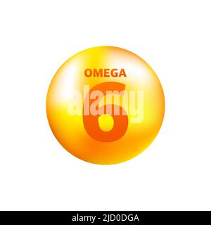 Vitamin Omega 6 mit realistischem Tropfen auf grauem Hintergrund. Partikel von Vitaminen in der Mitte. Vektorgrafik. Stock Vektor