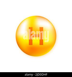 Vitamin H mit realistischem Tropfen auf grauem Hintergrund. Partikel von Vitaminen in der Mitte. Vektorgrafik. Stock Vektor