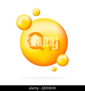 Vitaminkomplex Q10 mit realistischem Tropfen auf grauem Hintergrund. Partikel von Vitaminen in der Mitte. Vektorgrafik. Stock Vektor