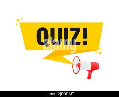 Quiz Megaphon gelbes Banner im 3D Stil auf weißem Hintergrund. Vektorgrafik. Stock Vektor