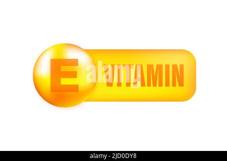 Vitamin E mit realistischem Tropfen auf grauem Hintergrund. Partikel von Vitaminen in der Mitte. Vektorgrafik. Stock Vektor