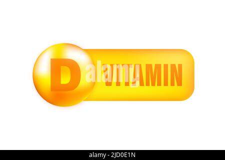 Vitamin D mit realistischem Tropfen auf grauem Hintergrund. Partikel von Vitaminen in der Mitte. Vektorgrafik. Stock Vektor