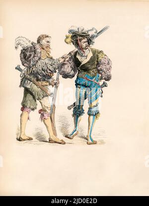 Soldaten, Deutsches Militärkleid, erstes Drittel des 16. Jahrhunderts, Illustration, die Geschichte der Kostüme, Braun & Schneider, München, Deutschland, 1861-1880 Stockfoto