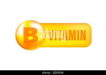 Vitamin B mit realistischem Tropfen auf grauem Hintergrund. Partikel von Vitaminen in der Mitte. Vektorgrafik. Stock Vektor