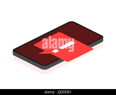 Smartphone mit Warnschild auf dem Bildschirm auf rotem Hintergrund. Vektorgrafik. Stock Vektor
