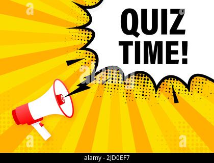 Quiz Time Megaphon gelbes Banner in flachem Stil. Vektorgrafik. Stock Vektor