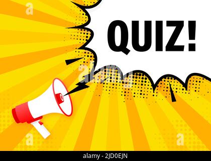 Quiz Megaphon gelbes Banner in flachem Stil. Loudspeacker. Vektorgrafik. Stock Vektor