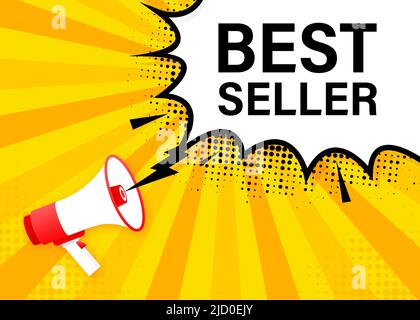 Bestseller gelbes Megaphon Banner auf weißem Hintergrund. Vektorgrafik. Stock Vektor