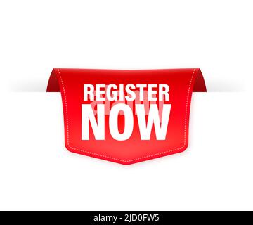 Rotes Register jetzt Label im modernen Stil auf weißem Hintergrund. Werbebanner. Stock Vektor