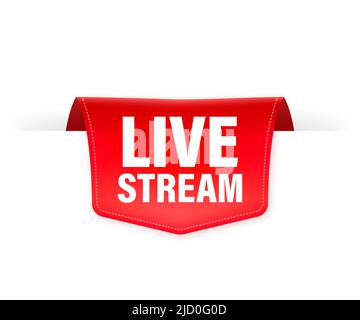 Rotes Band mit Live-Stream-Übertragung in flachem Stil auf weißem Hintergrund. Video abspielen. Web-Medien. Vektorgrafik. Stock Vektor