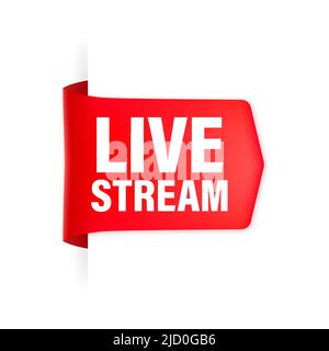 Rotes Band mit Live-Stream-Übertragung in flachem Stil auf weißem Hintergrund. Video abspielen. Web-Medien. Vektorgrafik. Stock Vektor