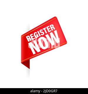 Rotes Register jetzt Label im modernen Stil auf weißem Hintergrund. Werbebanner. Stock Vektor
