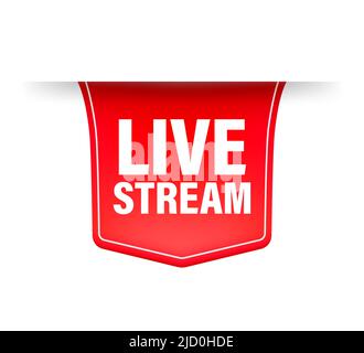 Rotes Band mit Live-Stream-Übertragung in flachem Stil auf weißem Hintergrund. Video abspielen. Web-Medien. Vektorgrafik. Stock Vektor