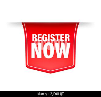 Rotes Register jetzt Label im modernen Stil auf weißem Hintergrund. Werbebanner. Stock Vektor