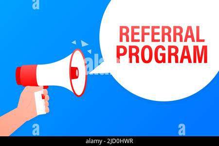 Referral-Programm Megaphon blauen Banner in flacher Form. Vektorgrafik. Stock Vektor