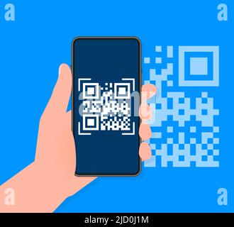 Hand hält Telefon mit Scan-qr-Code, um auf dem Bildschirm zu bezahlen. Telefon auf blauem Hintergrund. Vektorgrafik. Stock Vektor