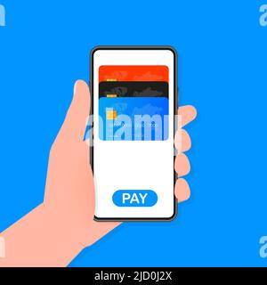 Hand hält Telefon mit kontaktlosen Zahlungsmethoden Mobile auf blauem Hintergrund. Vektorgrafik. Stock Vektor