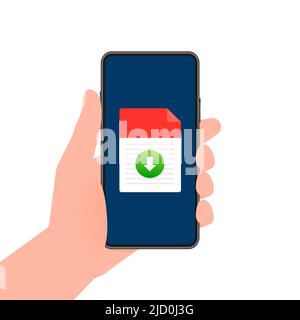 Smartphone mit heruntergeladener Datei im Cartoon-Stil. Smartphone-Bildschirm. Symbolvektor für das Telefon. Flache Vektor-Cartoon-Illustration. Stock Vektor