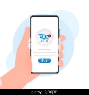 Hand mit Smartphone und kaufen Zeichen auf dem Bildschirm. Konzept Online-Shopping. Stock Vektor