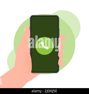 Die Hand hält das Telefon, während der eingehende Anruf auf dem grünen Bildschirm auf grünem Hintergrund angezeigt wird. Vektorgrafik. Stock Vektor