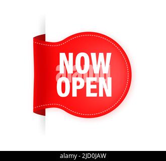 Vektor jetzt roten Banner öffnen. Beschriftung mit Text in flacher Form. Vektorgrafik. Stock Vektor