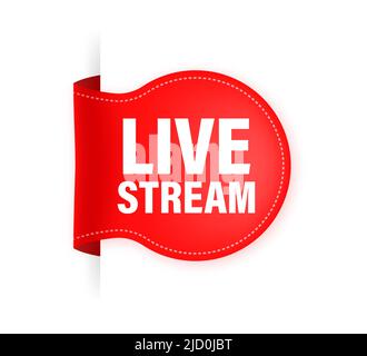 Rotes Band mit Live-Stream-Übertragung in flachem Stil auf weißem Hintergrund. Video abspielen. Web-Medien. Vektorgrafik. Stock Vektor