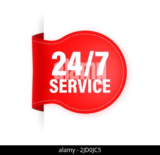 Symbol 24 Stunden am Tag und 7 Tage die Woche, rotes Band isoliert auf weißem Hintergrund. Stock Vektor