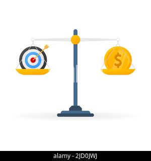 Flaches Ziel vs. Geld auf Skalen. Zeitmanagement. Vektorgrafik Stock Vektor