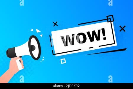 Blaues Megaphon-Banner mit Wow-Schild. Vektorgrafik Stock Vektor