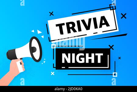 Blaues Megaphon-Banner mit Trivia-Nachtschild. Vektorgrafik Stock Vektor