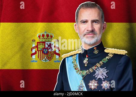 König und Flagge Spaniens Stockfoto