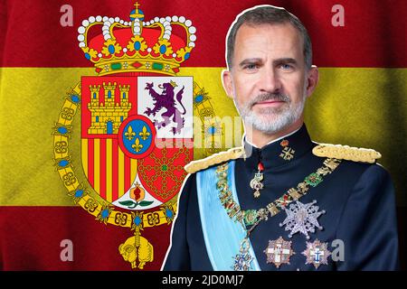 König von Spanien, Flagge und Wappen Stockfoto