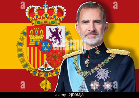 König von Spanien, Flagge und Wappen Stockfoto