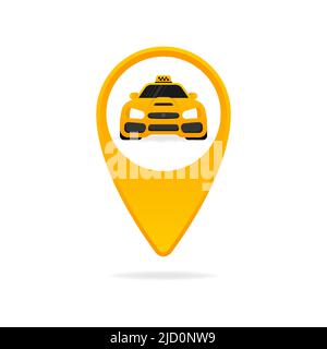 taxi mit 3D Zeichen auf hellem Hintergrund. Gelbes Cartoon-Symbol auf schwarzem Hintergrund. Business-Vektor-Symbol. Geschäftskonzept Stock Vektor