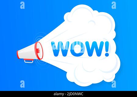 Blaues Megaphon-Banner mit Wow-Schild. Vektorgrafik Stock Vektor