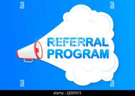 Blaues Megaphon-Banner mit Empfehlungsprogramm. Vektorgrafik Stock Vektor