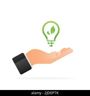 Linie Art Symbol mit grünen Ökologie Lampe in der Hand auf hellem Hintergrund. Innovationstechnologie Stock Vektor