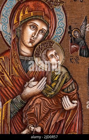 Ikone gemalt im byzantinischen oder orthodoxen Stil, die Jungfrau Maria und Jesus darstellt. Stockfoto