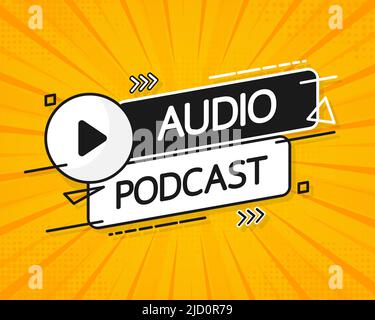 Audio-Podcast-Banner, gelbes Emblem-Etikett. Vektorgrafik. Stock Vektor
