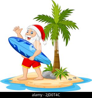 Cartoon weihnachtsmann mit Surfbrett auf der tropischen Insel Stock Vektor