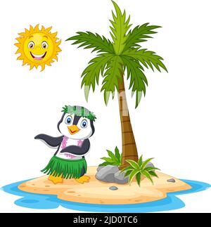 Cartoon Hawaii Hula Pinguin auf der tropischen Insel Stock Vektor