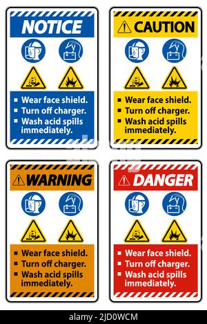 Warnschild Gesichtsschutz Tragen, Ladegerät Ausschalten, Sofort Säure Waschen Stock Vektor