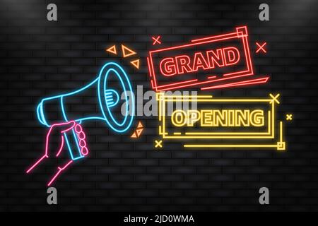 Neonsymbol. Großes, gelbes Megaphon-Banner im Stil von 3D auf weißem Hintergrund. Vektorgrafik Stock Vektor
