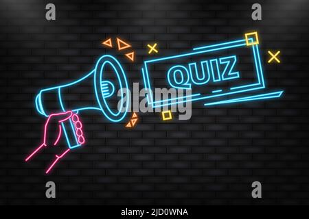 Neonsymbol. Hand hält Megaphon mit Quiz Stock Vektor